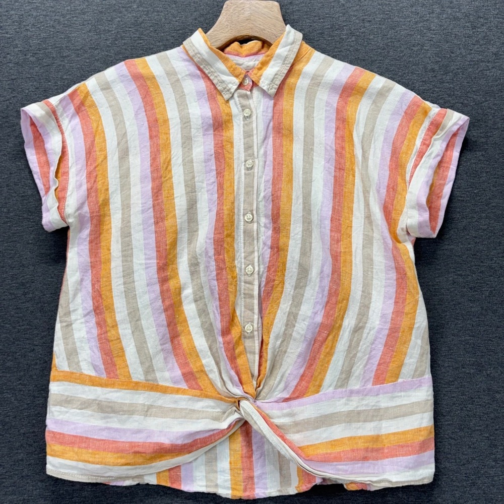 Lou & Grey for LOFT Blouse Womens M Striped Linen Button Front Twist Knot Casual